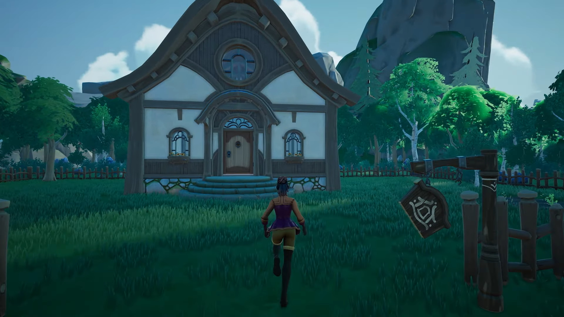 A character from the video game Palia walking towards a house